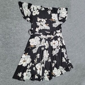 Kissmay Floral Wrap Dress Womens 16W Black‎ White Short Sleeve Tie Waist Midi